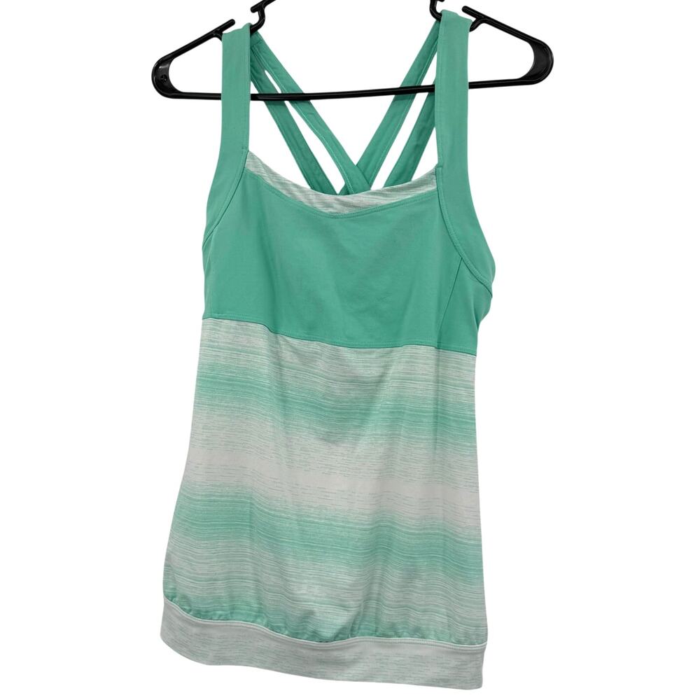 Athleta Size Medium Tank Top Built in Bra‎ Green White Strappy Athletic Active